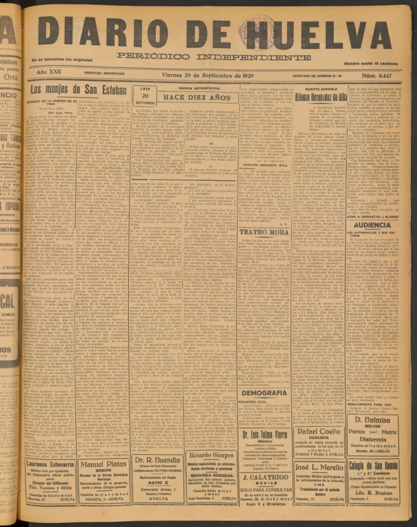 Miniatura de Diario de Huelva : periódico independiente del 20 de septiembre de 1929