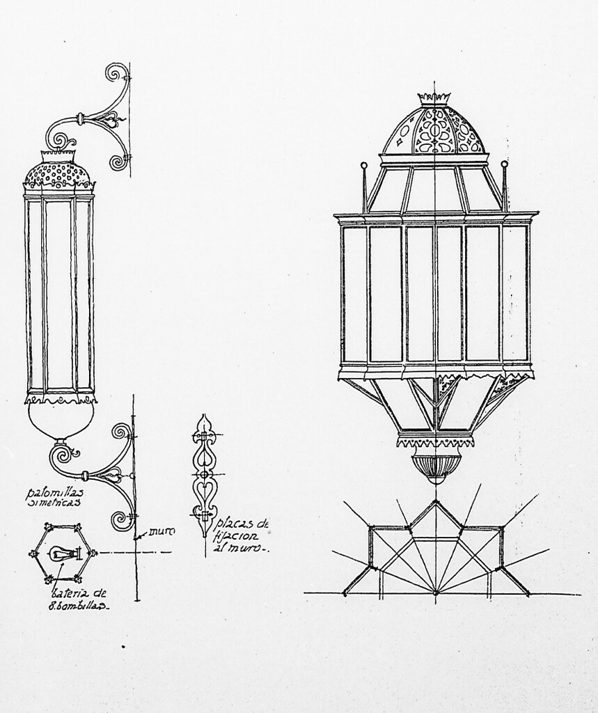 Miniatura de Detalles de cerrajería: farol de la sala de fiestas y escalera del Palacio de la Prensa