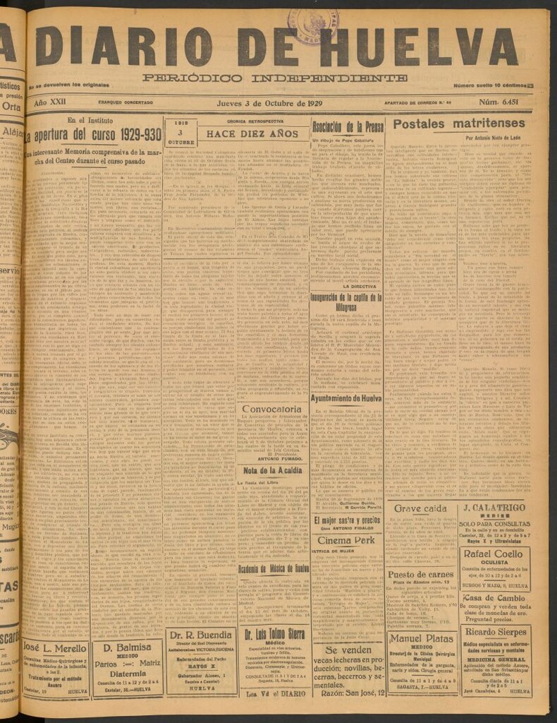 Miniatura de Diario de Huelva : periódico independiente del 3 de octubre de 1929