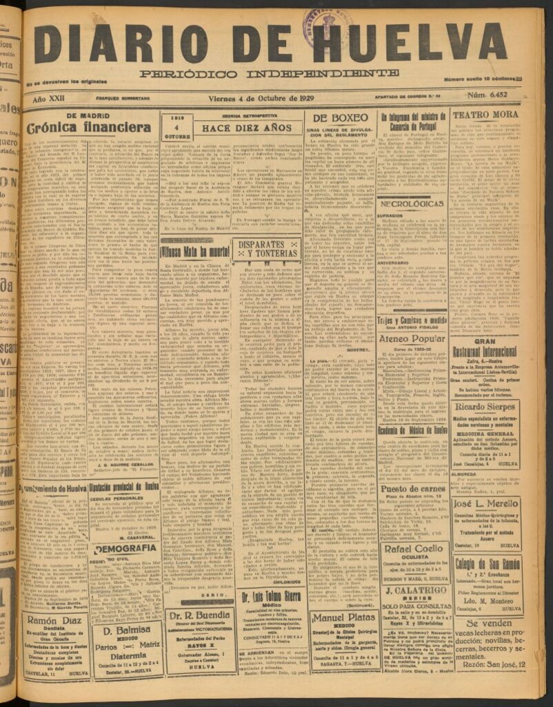 Miniatura de Diario de Huelva : periódico independiente del 4 de octubre de 1929