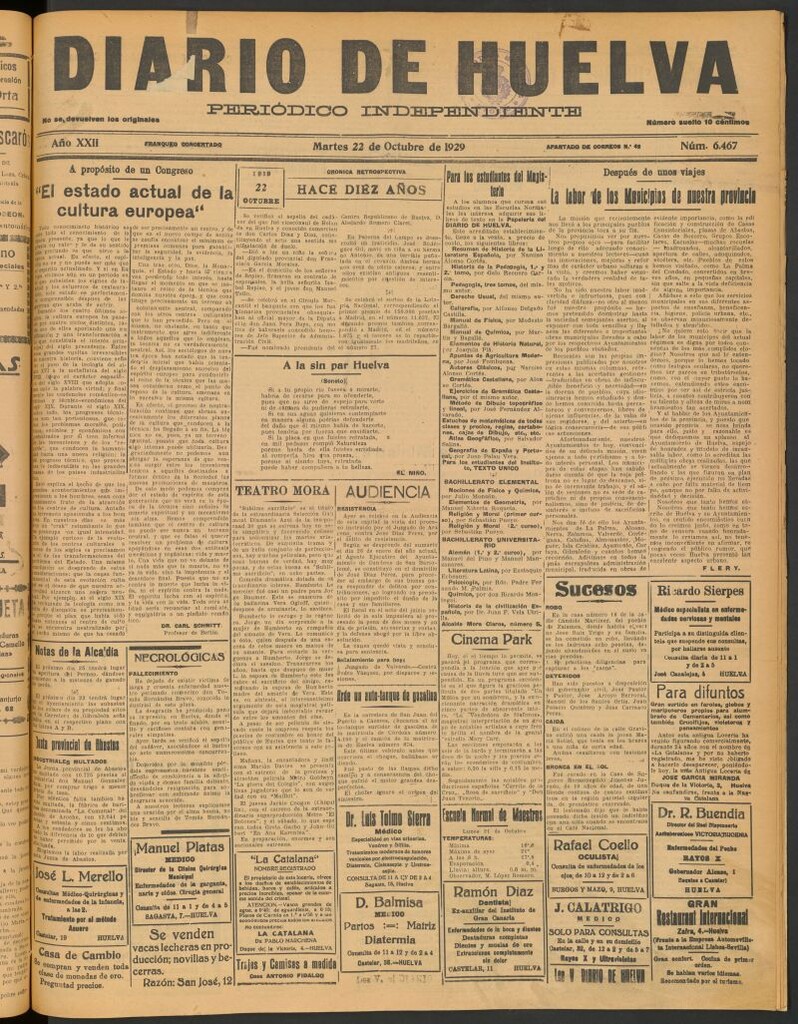 Miniatura de Diario de Huelva : periódico independiente del 22 de octubre de 1929
