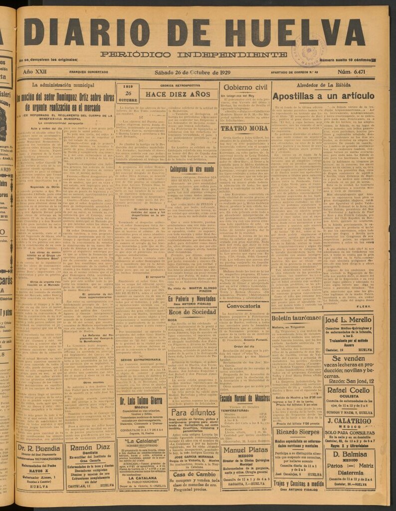Miniatura de Diario de Huelva : periódico independiente del 26 de octubre de 1929