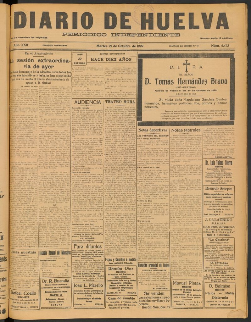 Miniatura de Diario de Huelva : periódico independiente del 29 de octubre de 1929