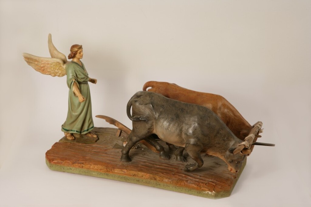 Miniatura de San Isidro labrador con ángel y bueyes