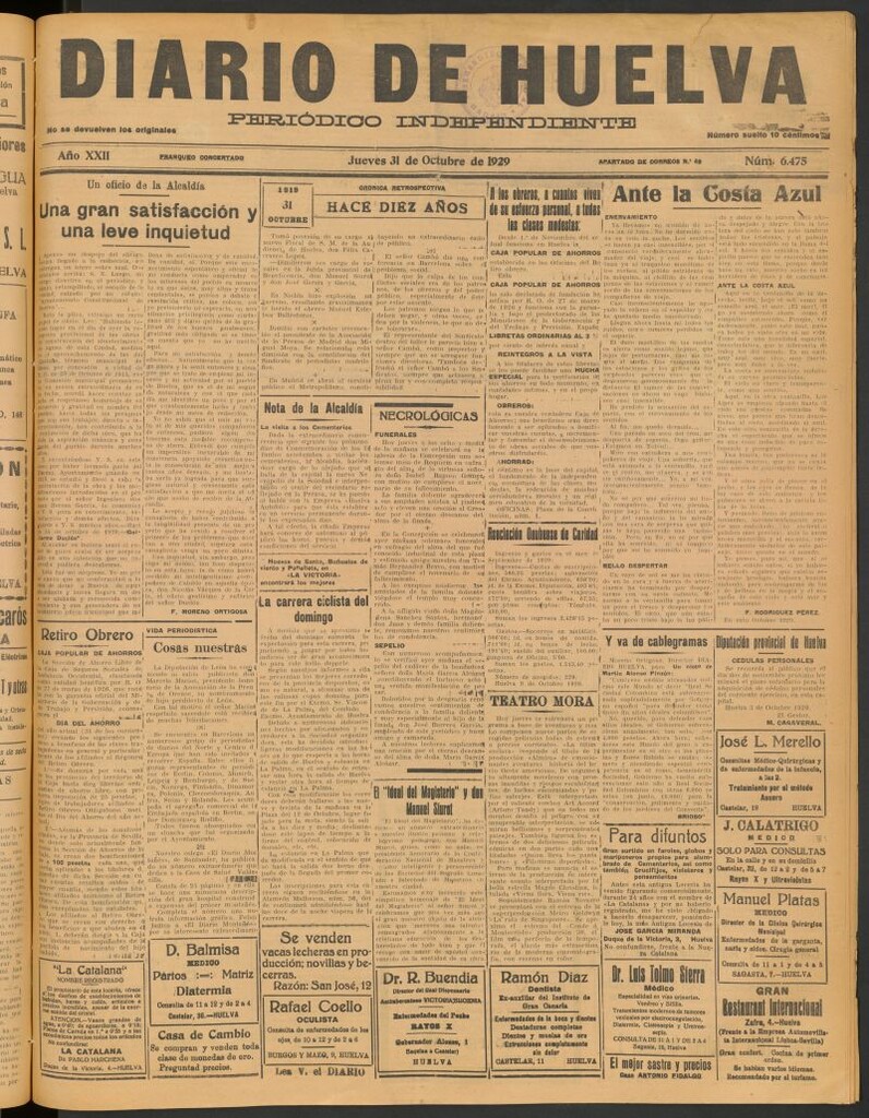 Miniatura de Diario de Huelva : periódico independiente del 31 de octubre de 1929