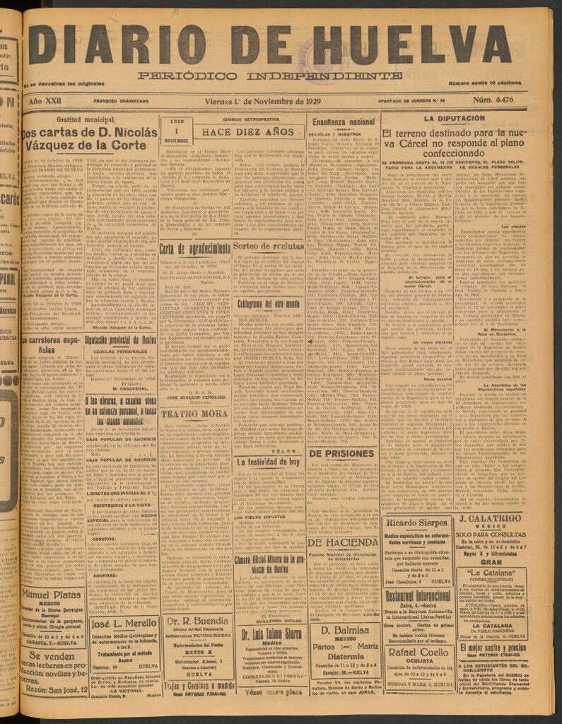 Miniatura de Diario de Huelva : periódico independiente del 1 de noviembre de 1929