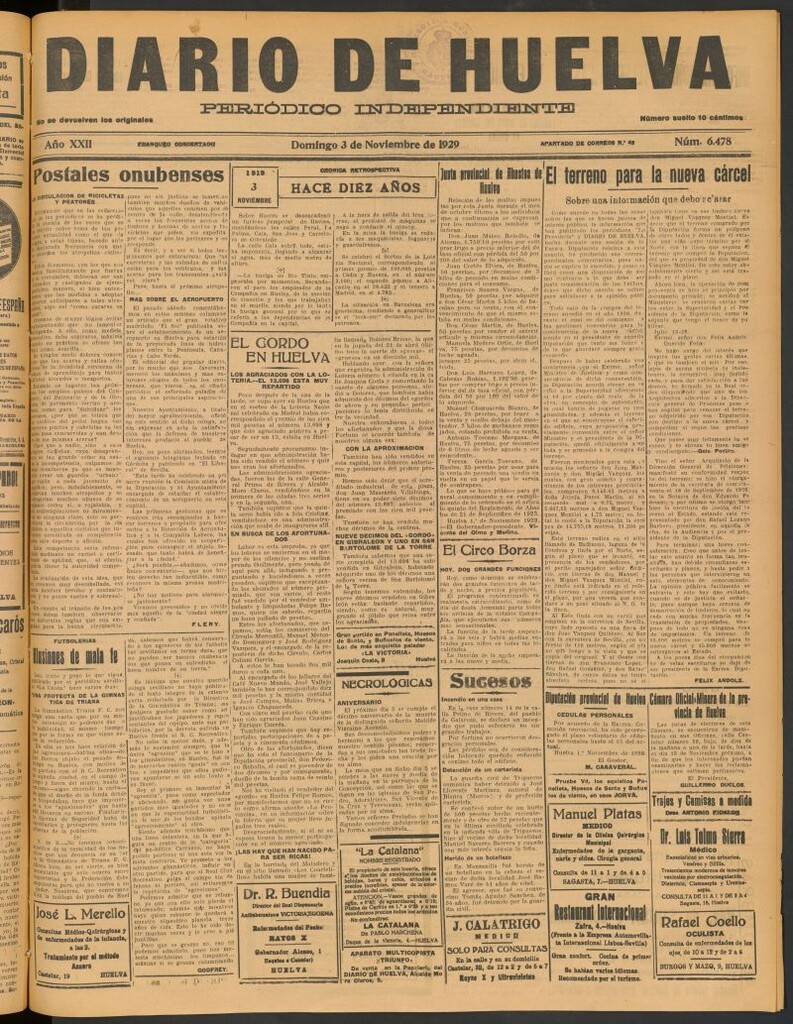 Miniatura de Diario de Huelva : periódico independiente del 3 de noviembre de 1929