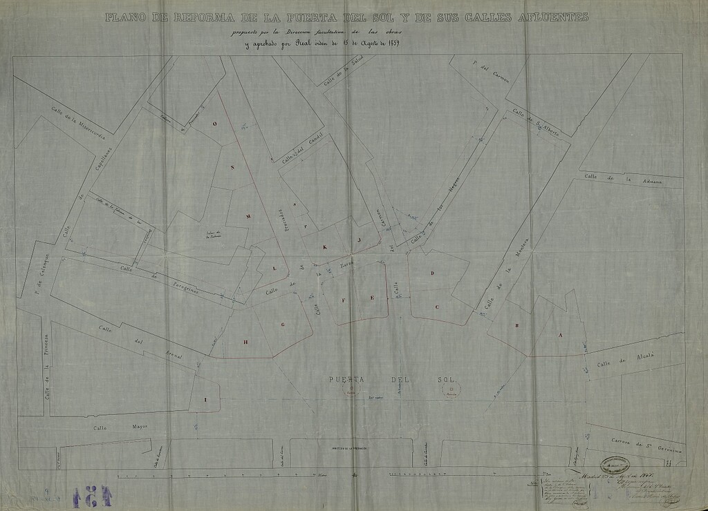Miniatura de Plano de reforma de la Puerta del Sol y sus calles afluentes propuesto por la Dirección facultativa de las obras y aprobado por Real Orden de 15 de agosto de 1859