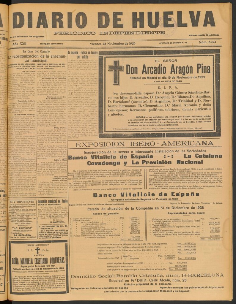 Miniatura de Diario de Huelva : periódico independiente del 22 de noviembre de 1929