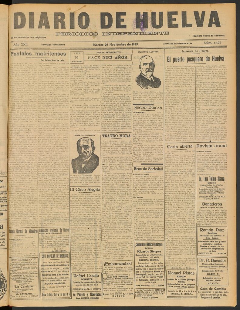 Miniatura de Diario de Huelva : periódico independiente del 26 de noviembre de 1929
