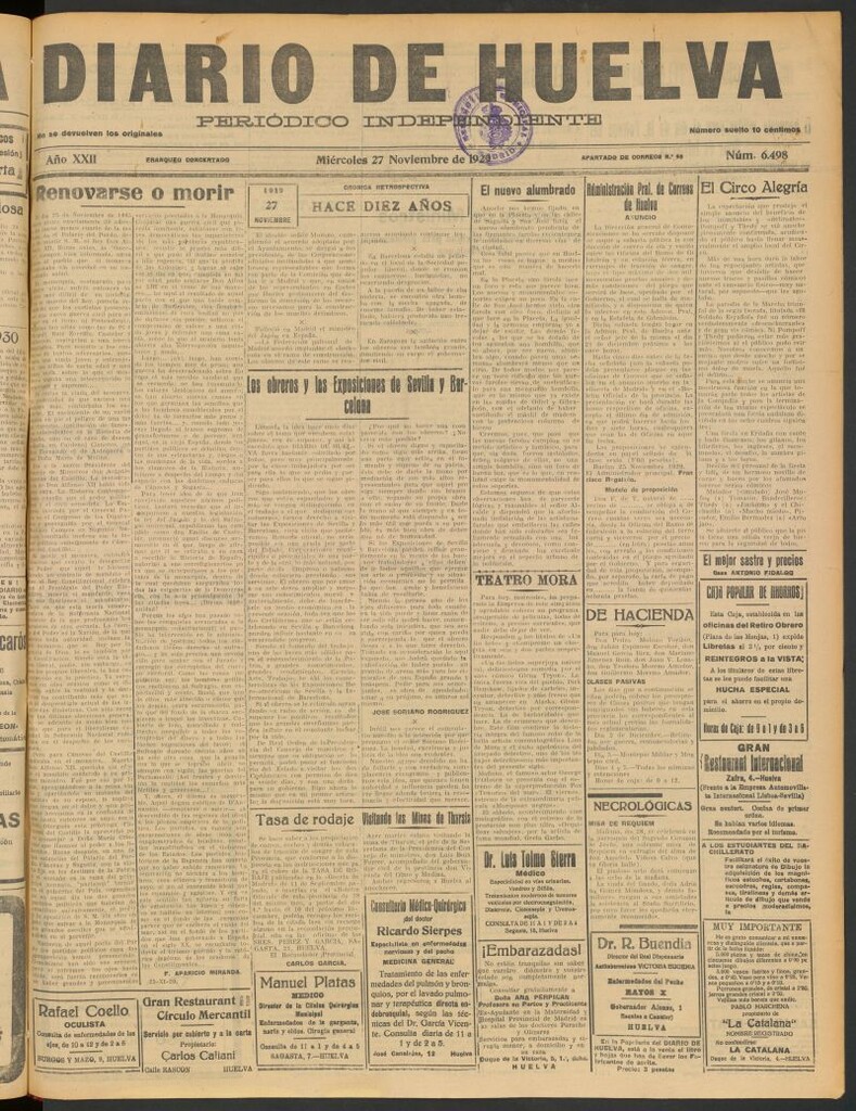 Miniatura de Diario de Huelva : periódico independiente del 27 de noviembre de 1929