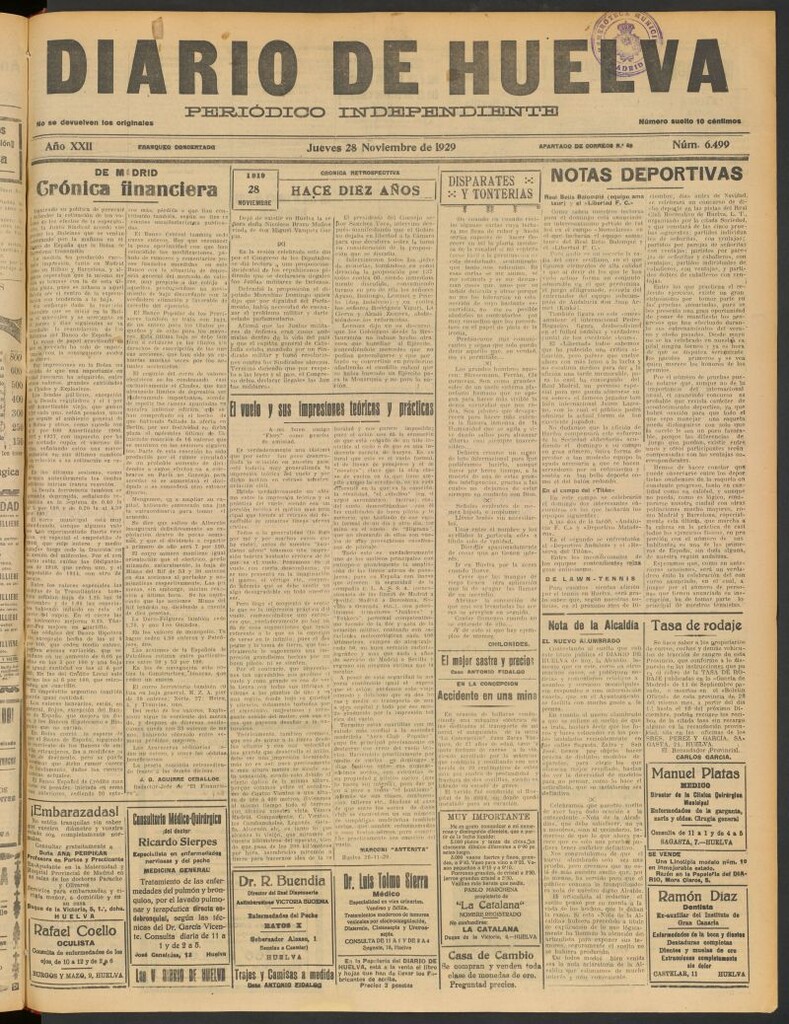 Miniatura de Diario de Huelva : periódico independiente del 28 de noviembre de 1929