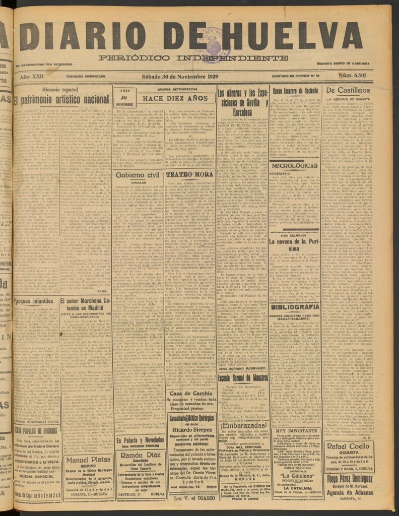 Miniatura de Diario de Huelva : periódico independiente del 30 de noviembre de 1929
