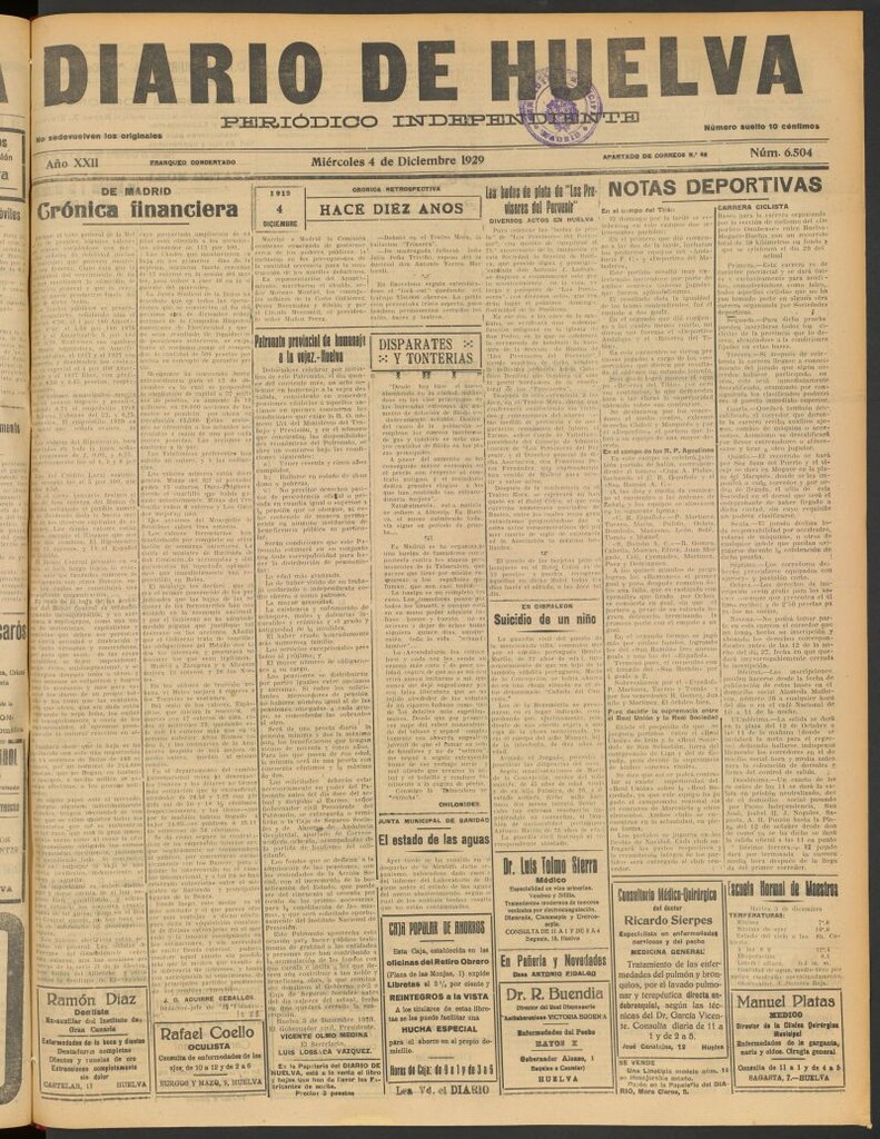 Miniatura de Diario de Huelva : periódico independiente del 4 de diciembre de 1929