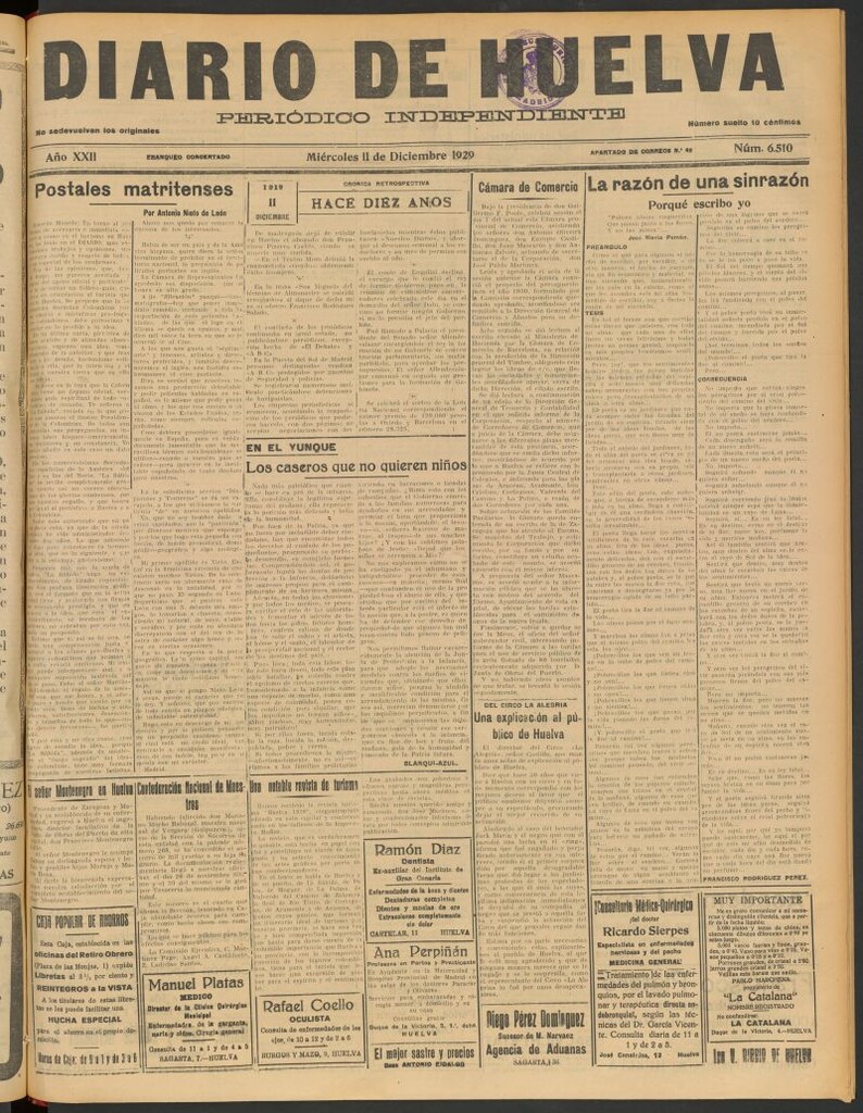 Miniatura de Diario de Huelva : periódico independiente del 11 de diciembre de 1929