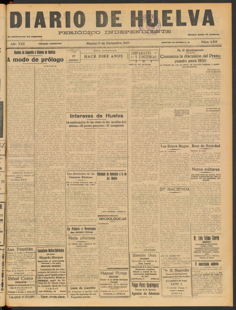 Miniatura de Diario de Huelva : periódico independiente del 17 de diciembre de 1929