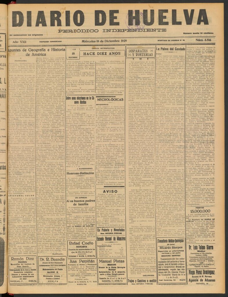 Miniatura de Diario de Huelva : periódico independiente del 18 de diciembre de 1929