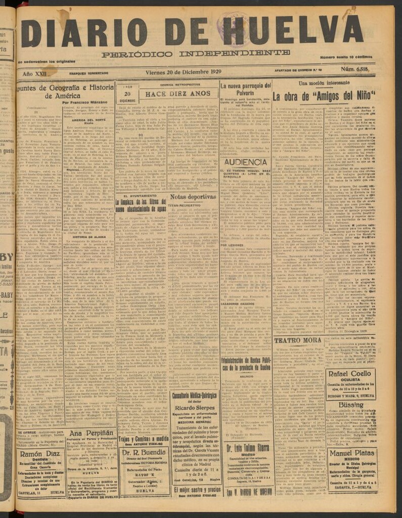 Miniatura de Diario de Huelva : periódico independiente del 20 de diciembre de 1929