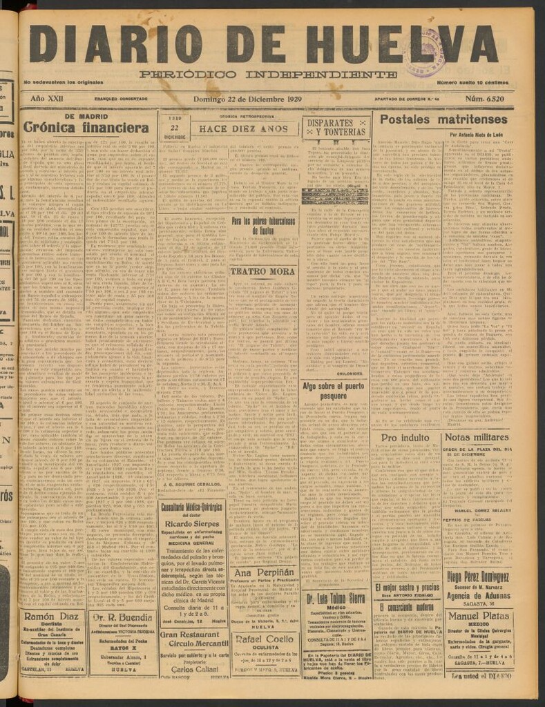 Miniatura de Diario de Huelva : periódico independiente del 22 de diciembre de 1929