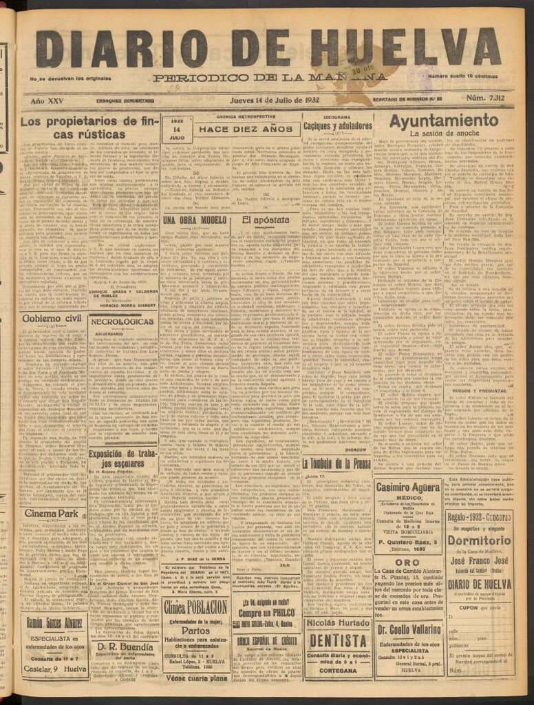 Miniatura de Diario de Huelva : periódico independiente del 14 de julio de 1932