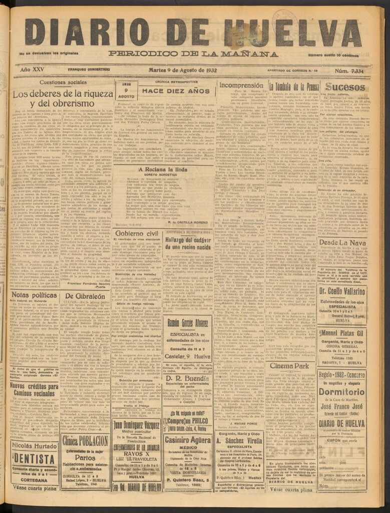 Miniatura de Diario de Huelva : periódico independiente del 9 de agosto de 1932