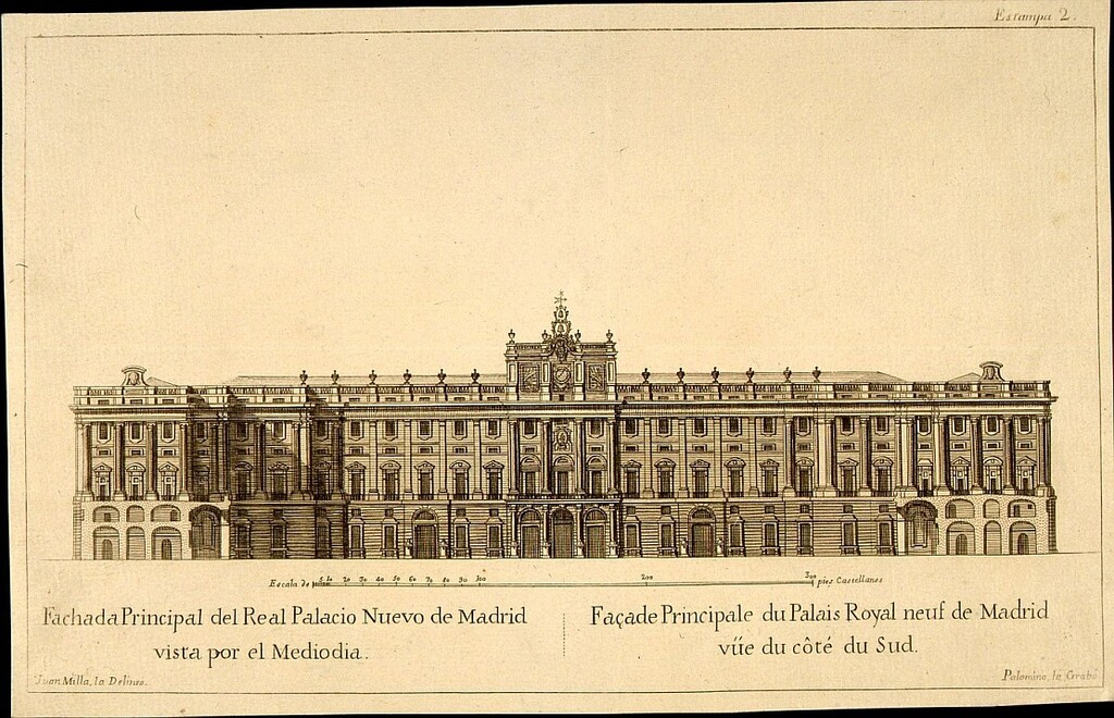 Miniatura de Fachada principal del Real Palacio nuevo de Madrid, ya con las alteraciones y adiciones de Francisco Sabatini