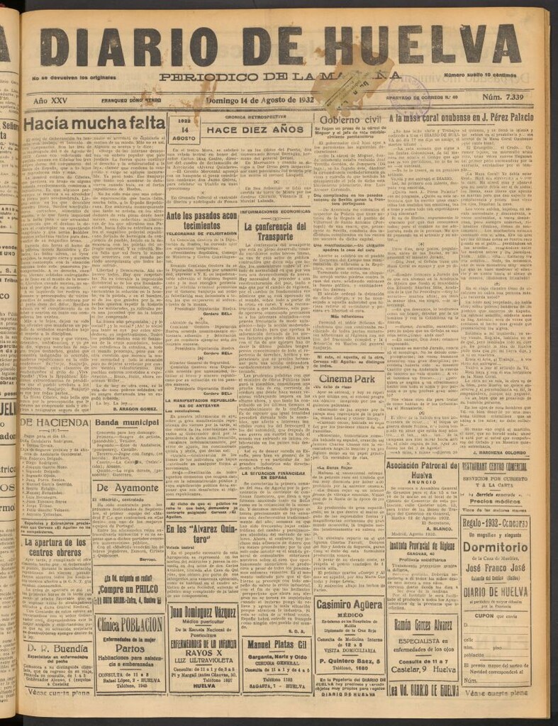 Miniatura de Diario de Huelva : periódico independiente del 14 de agosto de 1932