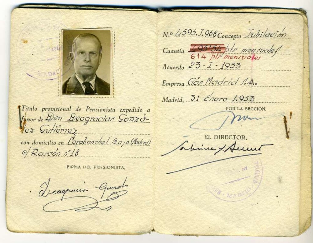 Miniatura de Tarjeta de pensionista de Deogracias González, antiguo trabajador de Gas Madrid