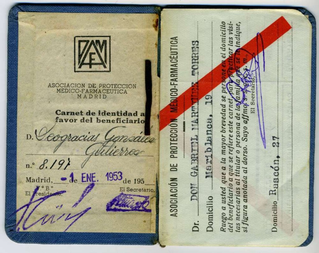 Miniatura de Tarjeta de la Asociación de Protección Médico-Farmacéutica de Madrid emitida a favor de Deogracias González, antiguo empleado de Gas Madrid.
