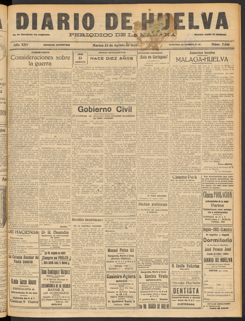 Miniatura de Diario de Huelva : periódico independiente del 23 de agosto de 1932