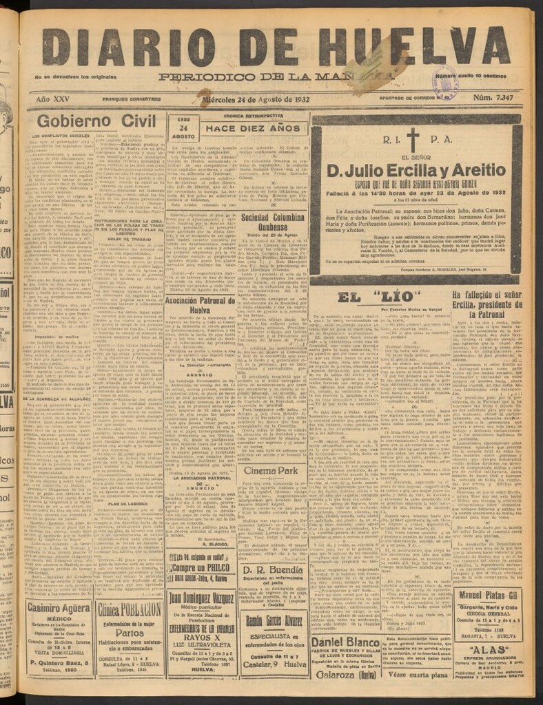 Miniatura de Diario de Huelva : periódico independiente del 24 de agosto de 1932