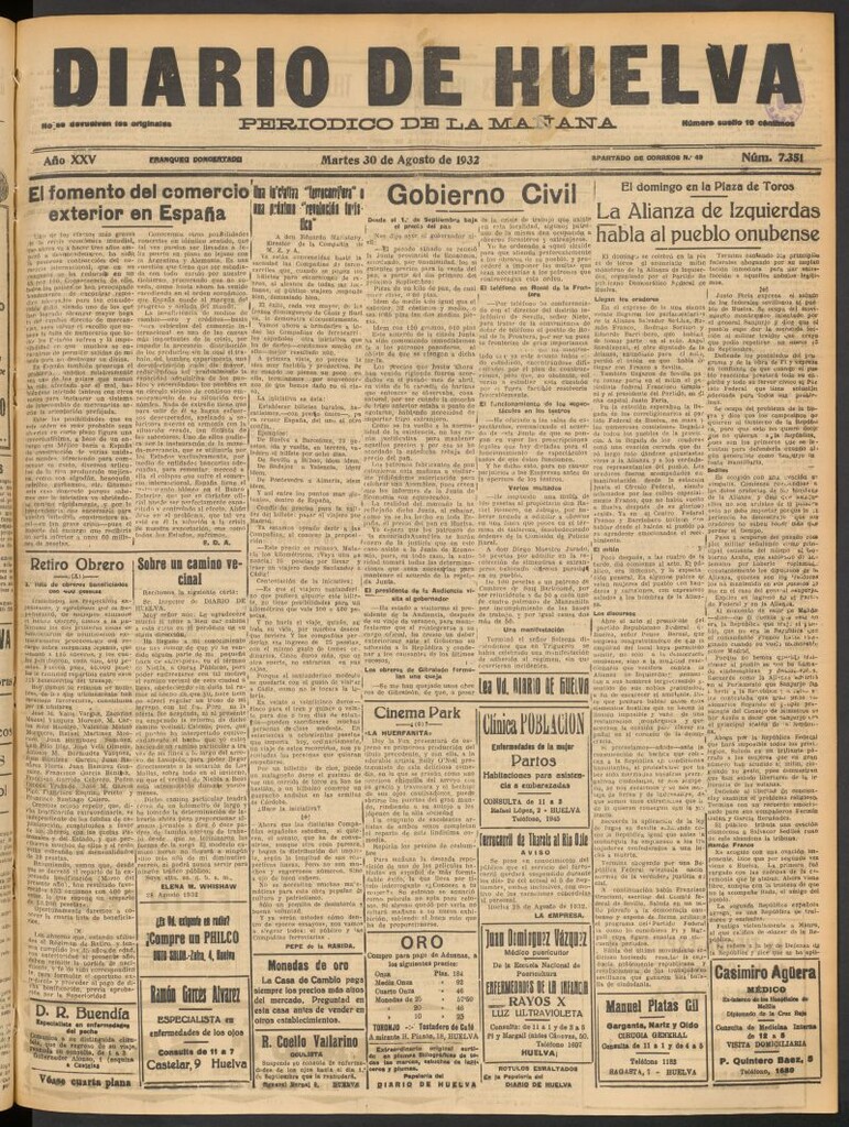 Miniatura de Diario de Huelva : periódico independiente del 30 de agosto de 1932