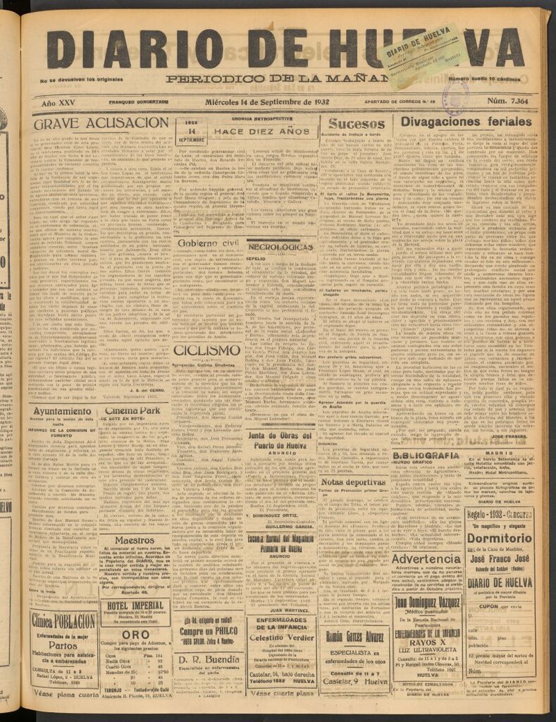 Miniatura de Diario de Huelva : periódico independiente del 14 de septiembre de 1932