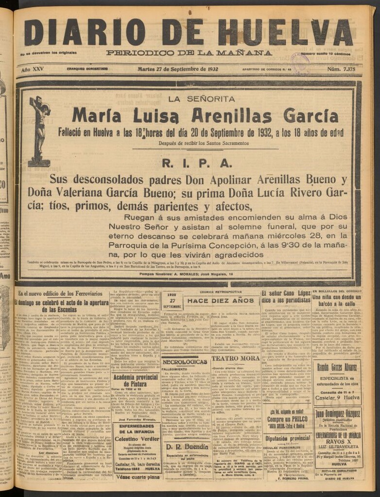 Miniatura de Diario de Huelva : periódico independiente del 27 de septiembre de 1932