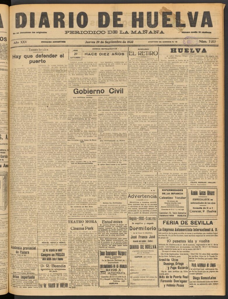 Miniatura de Diario de Huelva : periódico independiente del 29 de septiembre de 1932
