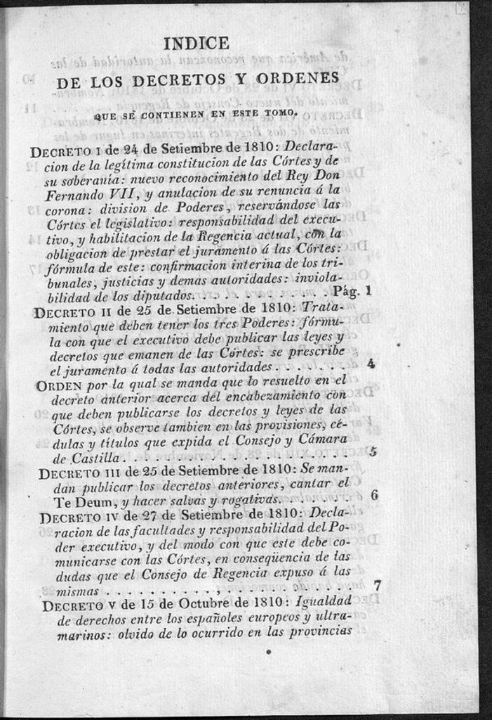 Miniatura de Colección de los decretos y órdenes que han expedido las Cortes generales y extraordinarias... [ Índice de los deretos I al XCIV]