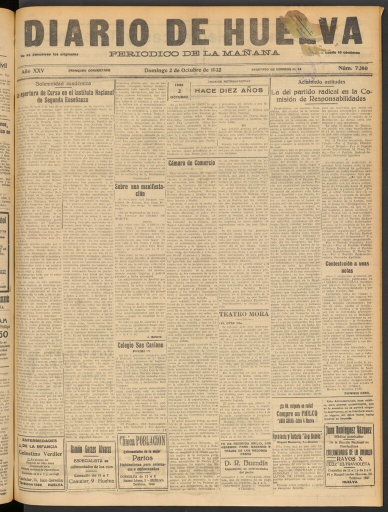 Miniatura de Diario de Huelva : periódico independiente del 2 de octubre de 1932