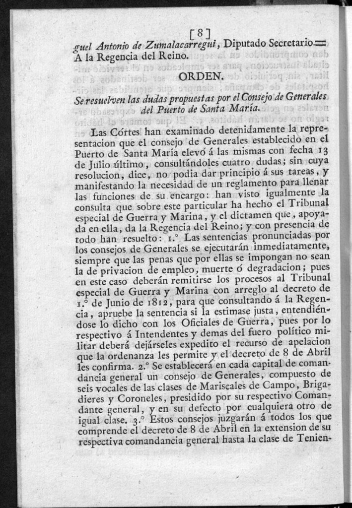 Miniatura de Se resuelven las dudas propuestas por el Consejo de Generales del Puerto de Santa María.