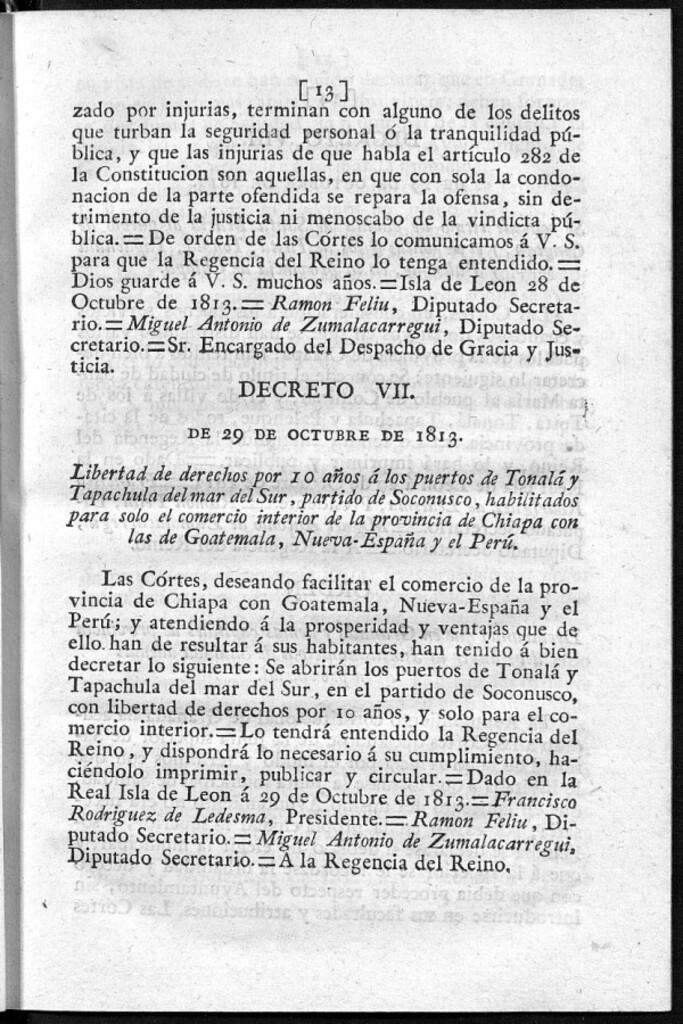 Miniatura de Libertad de derechos por 10 años á los puertos de Tonalá y Tapachula del mar del Sur, partido de Soconusco, habilitados para solo el comercio interior de la provincia de Chiapa con las de Goatemala, Nueva-España y el Perú.
