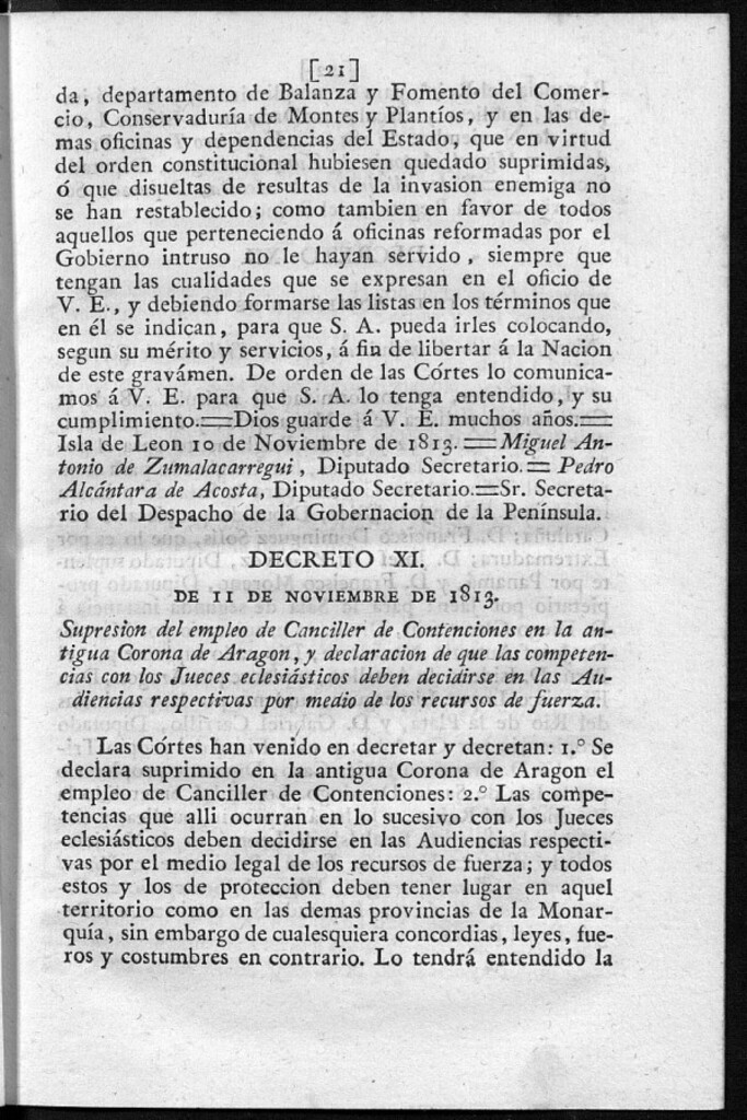 Miniatura de Supresión del empleo de Canciller de Contenciones en la antigua Corona de Aragón, y declaración de que las competencias con los Jueces eclesiásticos deben decidirse en las Audiencias respectivas por medio de los recursos de fuerza.