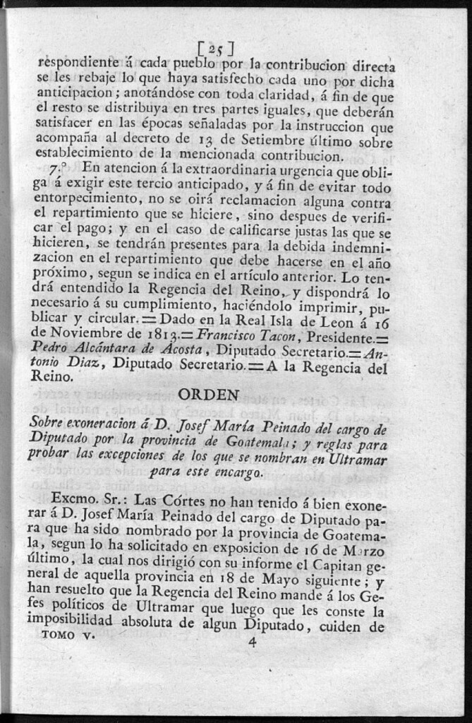 Miniatura de Sobre exoneración á D. José María Peinado del cargo de Diputado por la provincia de Guatemala; y reglas para probar las excepciones de los que se nombran en Ultramar para este encargo.
