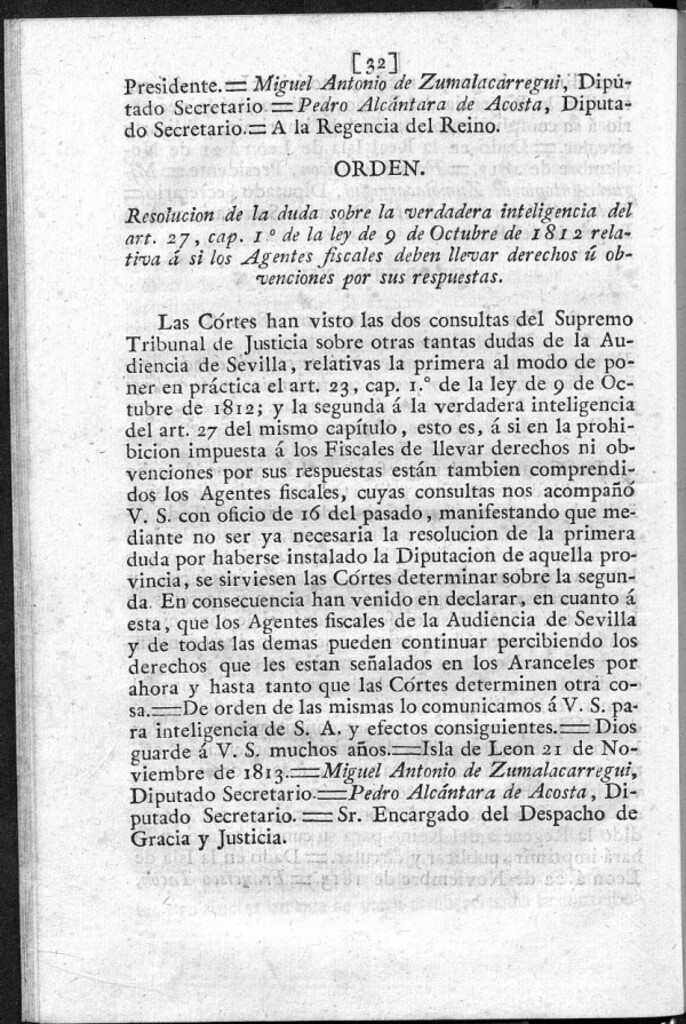 Miniatura de Resolución de la duda sobre la verdadera inteligencia del art. 27 cap. 1º de la ley de 9 de Octubre de 1812 relativa á si los agentes físcales deben llevar derechos ú obvenciones para sus respuestas.