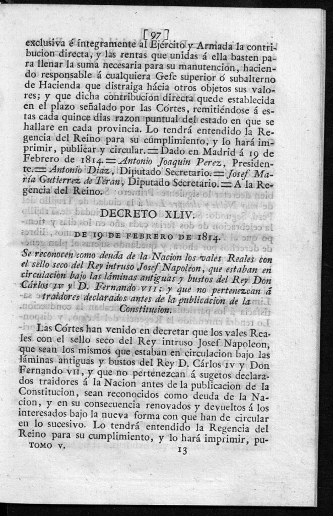 Miniatura de Se reconocen como deuda de la Nacion los vales Reales con el sello seco del Rey intruso Josef Napoleón, que estaban en circulación bajo las láminas antiguas y bustos del Rey Don Carlos IV y D. Fernando VII; y que no pertenezcan a traidores declarados antes de la publicación de la Constitución.