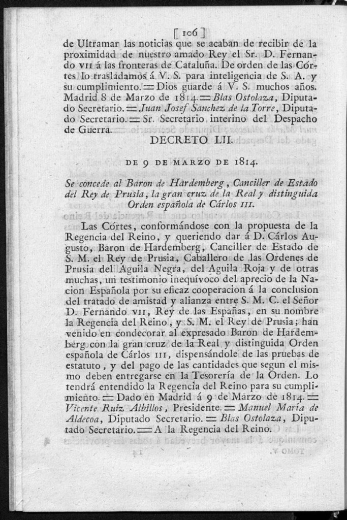 Miniatura de Se concede al Barón de Hardemberg, Canciller de Estado del Rey de Prusia, la gran cruz de la Real y distinguida Orden española de Carlos III.