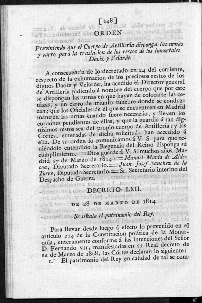 Miniatura de Previniendo que el Cuerpo de Artillería disponga las urnas y carro para la traslación de los restos de los inmortales Daoiz y Velarde.
