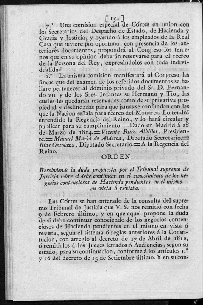 Miniatura de Resolviendo la duda propuesta por el Tribunal supremo de Justicia sobre si debe continuar en el conocimiento de los negocios contenciosos de Hacienda pendientes en el mismo en vista o revista.