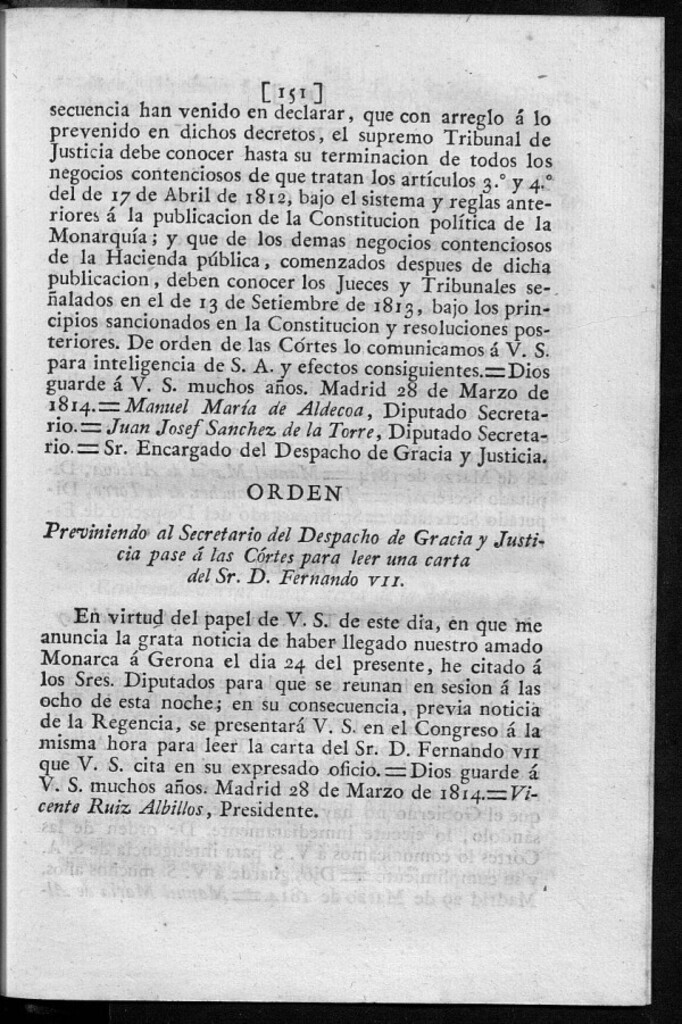 Miniatura de Previniendo al Secretario del Despacho de Gracia y Justicia pase á las Cortes para leer una carta del Sr. D. Fernando VII.