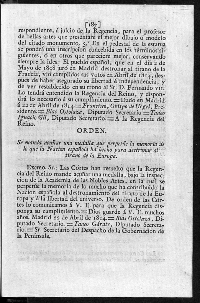 Miniatura de Se manda acuñar una medalla que perpetúe la memoria de lo que la Nación española ha hecho para destronar al tirano de la Europa.