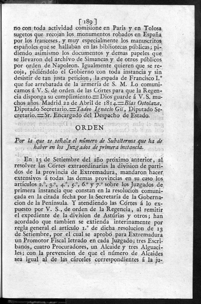 Miniatura de Por la que se señala el número de Subalternos que ha de haber en los juzgados de primera instancia.