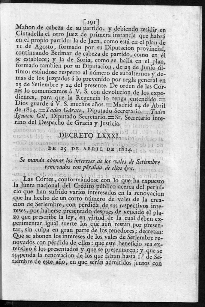 Miniatura de Se manda abonar los interés de los vales de Setiembre renovados con pérdida de ellos &c.